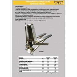 Stockman Transpalette haute levée manuel inox 316 1000 Kg 1165x540mm HS540M Kobleo