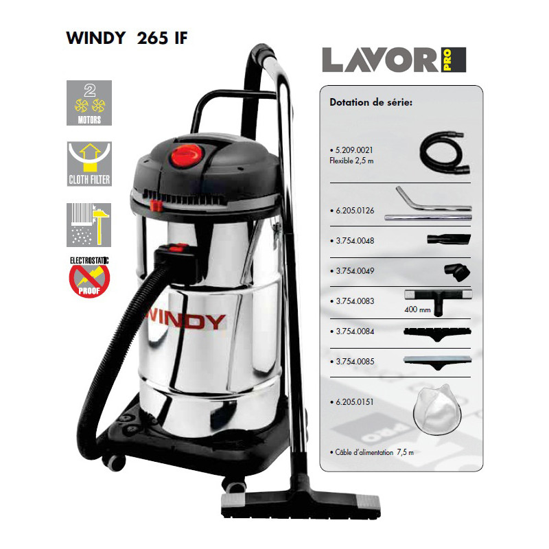 Lavor Aspirateur eau et poussières WINDY 265 IF 2400W 65L 130L/s Lavor Pro Kobleo