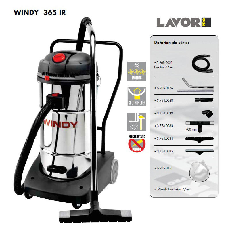 Lavor Aspirateur eau et poussières Windy 365 IR en inox 3600W 65L Lavor Pro Kobleo