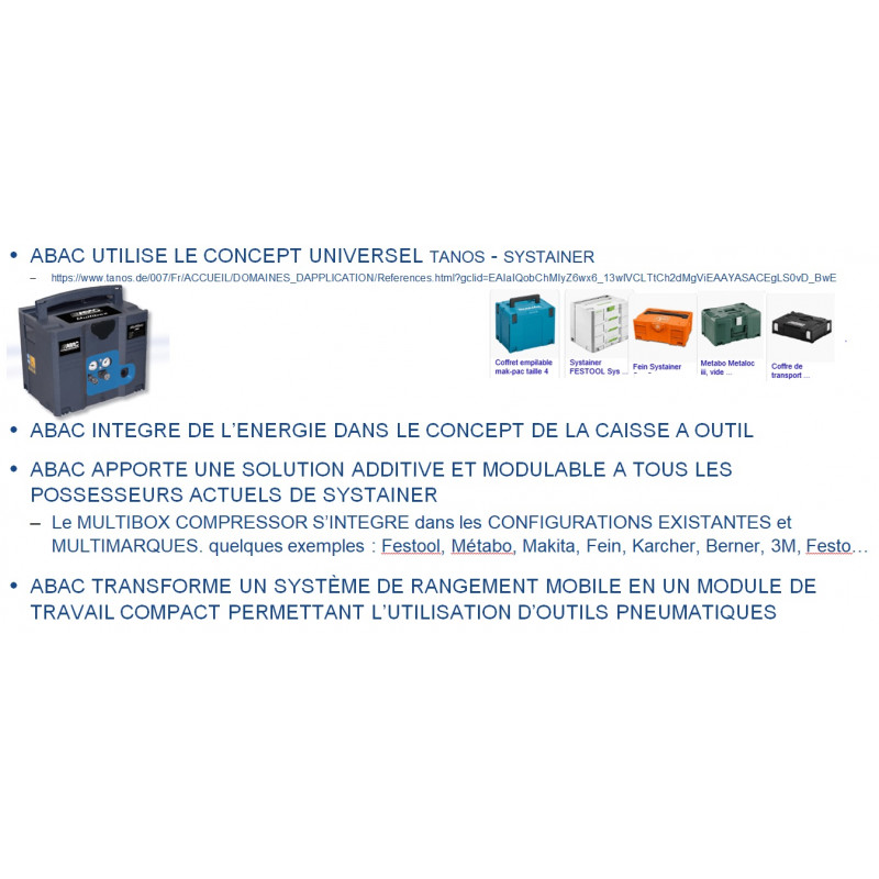 ABAC Compresseur sur plateau déplaçable MULTI Box 6l 160L/min 96m3/h MULTIB Kobleo ABAC Compresseur sur plateau déplaçable MULTI Box 6l 160L/min 96m3/h MULTIB Kobleo