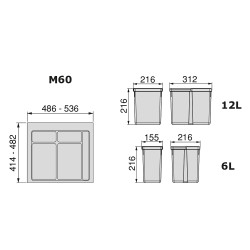 Emuca Kit de poubelles 12 L 2 x 6 L, module 600 mm Plastique Gris anthracite Kobleo