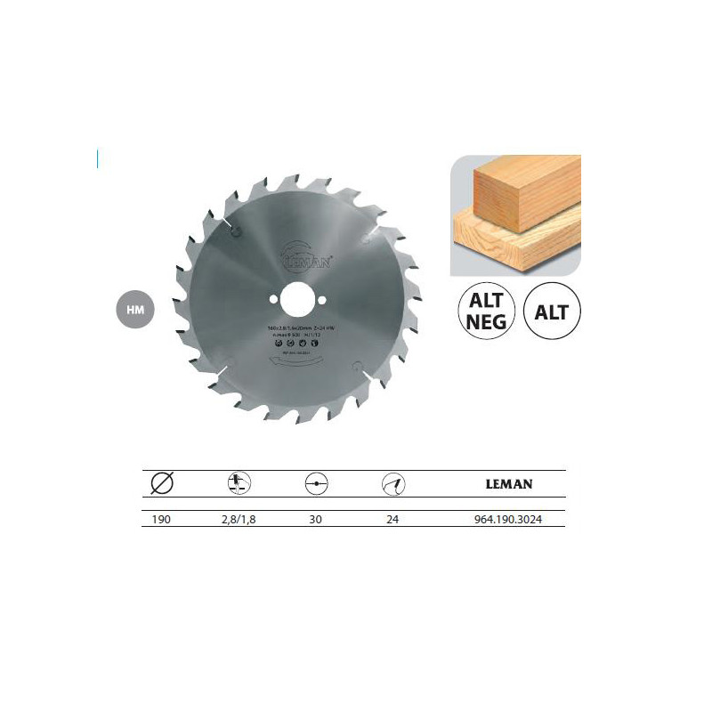 Leman Lame carbure portative D.190x30mm 24 dents alt. pour bois Leman Kobleo