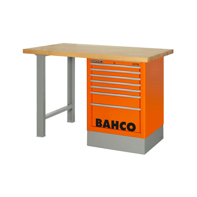 Bahco Etabli d'atelier en bois 150 cm 7 tiroirs orange avec 2 pieds 1495K7CW Kobleo