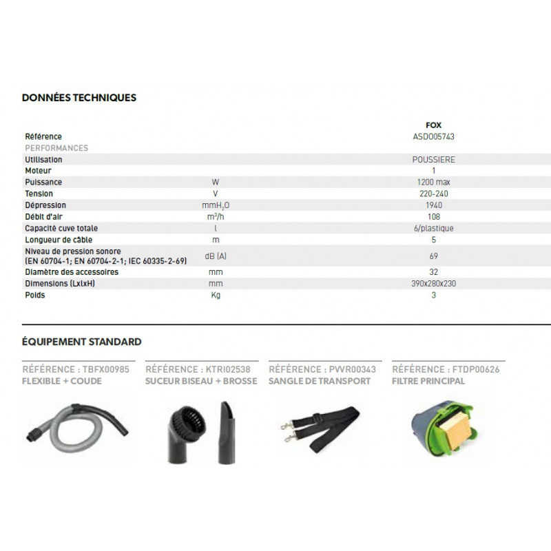 ICA.EU Aspirateur poussières portatif (dorsal) 1200W 108m³/h 6 litres Fox Kobleo ICA.EU Aspirateur poussières portatif (dorsal) 1200W 108m³/h 6 litres Fox Kobleo