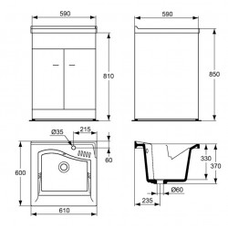 Porcher Bac à laver LAGO 61 x 60 cm en céramique à poser sur meuble (non fourn Kobleo