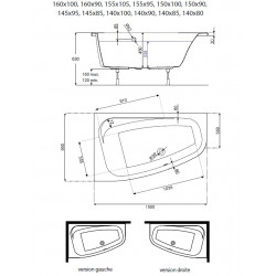 Leda Baignoire asymétrique Droit 140x90 cm 170 L Blanc FRISBEE Kobleo