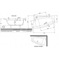 Leda Baignoire asymétrique Droit 140x100 cm 200 L Blanc FRISBEE Kobleo