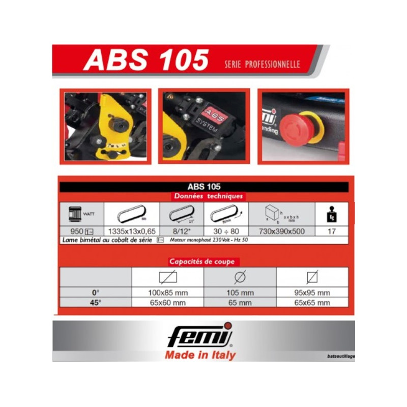 Femi Scie à ruban acier 950W L:1330mm Diam105mm (descente automatique) ABS Kobleo Femi Scie à ruban acier 950W L:1330mm Diam105mm (descente automatique) ABS Kobleo