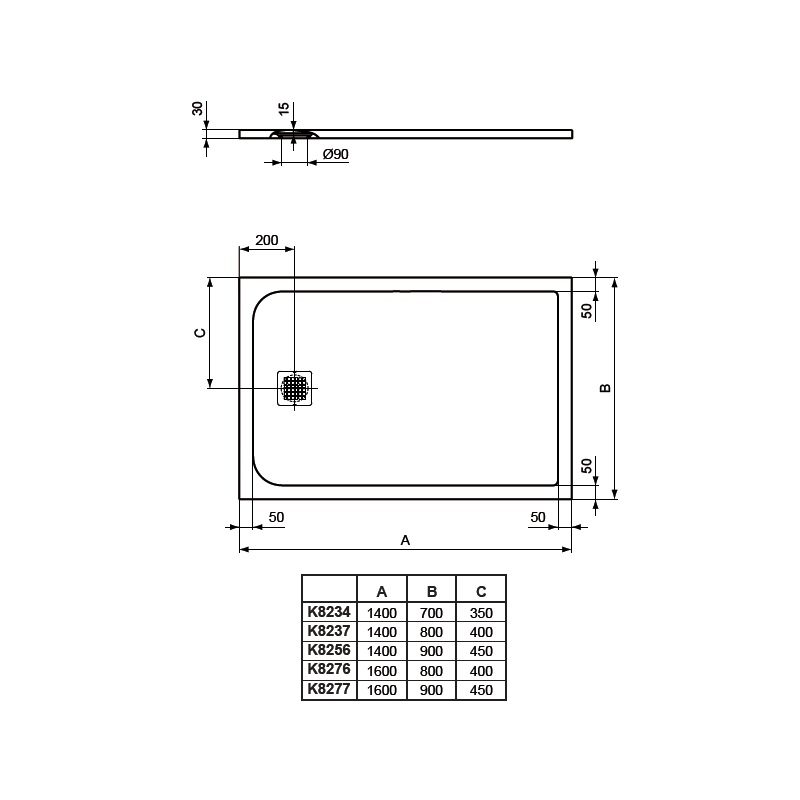 K8277 Ultra Flat S Receveur 160 x 90 cm en Ideal Solid®