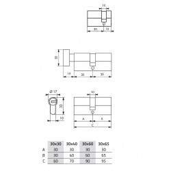 Thirard Cylindre 2 entrées 30 x 65 mm Nickelé mat avec 4 clés Federal Kobleo
