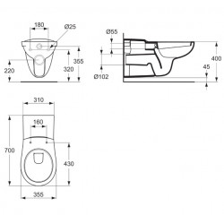 Porcher Cuvette WC MATURA indépendante suspendue blanc avec trous d'abattantpo Kobleo