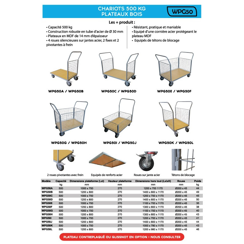 Chariot bois 3 plateaux - 500KG