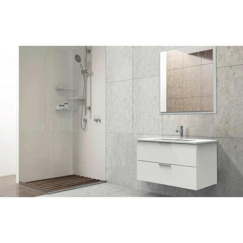 Ondée Meuble à suspendre 100 cm blanc brillant deux tiroirs et miroir assort Kobleo Ondée Meuble à suspendre 100 cm blanc brillant deux tiroirs et miroir assort Kobleo