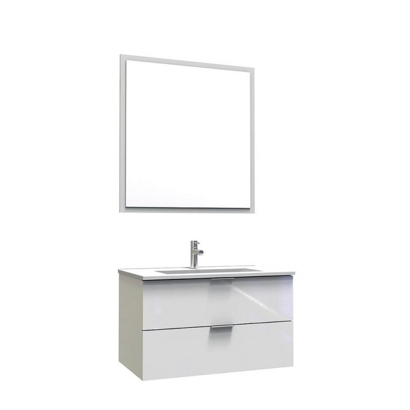 Ondée Meuble à suspendre 80 cm blanc brillant deux tiroirs et miroir assorti Kobleo