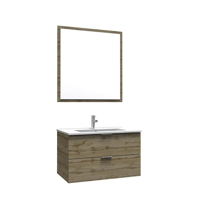 Ondée Meuble à suspendre 80 cm texture bois deux tiroirs et miroir assorti M Kobleo Ondée Meuble à suspendre 80 cm texture bois deux tiroirs et miroir assorti M Kobleo