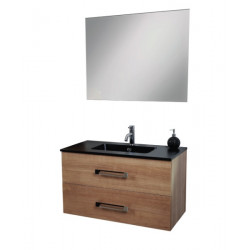 Ondée Meuble suspendre 90cm finition effet bois miel deux tiroirs miroir sim Kobleo