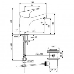 Porcher Mitigeur lavabo ULYSSE avec vidage cartouche CH 3 bec fixe Kobleo