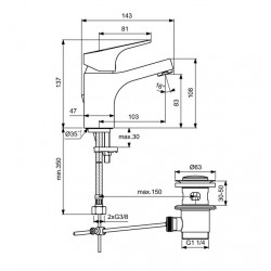 Porcher Mitigeur lavabo ULYSSE avec vidage cartouche CH 2 Diam 38mm bec fixe Kobleo
