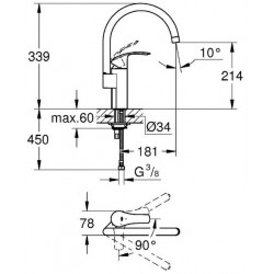 Grohe Mitigeur évier bec haut 339mm 32223002 Eurosmart Kobleo Grohe Mitigeur évier bec haut 339mm 32223002 Eurosmart Kobleo