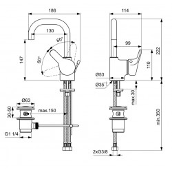 Porcher Mitigeur lavabo monotrou Olyos bec col cygne orientable tirette bonde  Kobleo