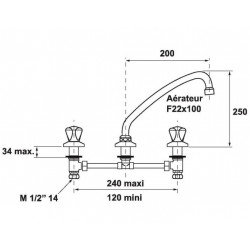 Sandri Mélangeur 3 trous réglable de 120 à 240 mm Kobleo