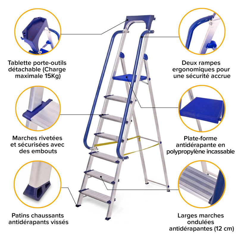Hoström Escabeau Secure 7 marches 158cm alu renforcé porte-outils rampes Hostrom Kobleo Hoström Escabeau Secure 7 marches 158cm alu renforcé porte-outils rampes Hostrom Kobleo