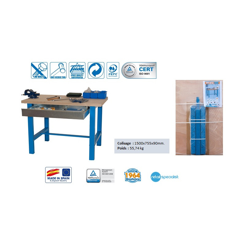 Simon Rack Kit Etabli BT6-Box 1500 avec tiroir 865x1500x750mm Bleu/Bois SimonRack Kobleo Simon Rack Kit Etabli BT6-Box 1500 avec tiroir 865x1500x750mm Bleu/Bois SimonRack Kobleo