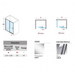 Novellini Paroi douche coulissante 114-120xH195cm 1 fixe droite profilé silver L Kobleo