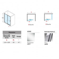 Novellini Paroi douche coulissante 114-120xH195cm 1 fixe gauche profilé silver L Kobleo