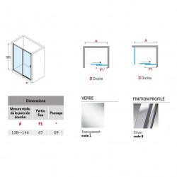 Novellini Paroi douche coulissante 138-144xH195cm 1 fixe droite profilé silver L Kobleo