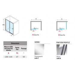 Novellini Paroi douche coulissante 138-144xH195cm 1 fixe gauche profilé silver L Kobleo