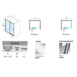 Novellini Paroi douche coulissante 156-162xH195cm 1 fixe gauche profilé silver L Kobleo