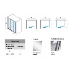 Novellini Paroi douche 3 panneaux coulissants 114-120xH195cm profilé silver LUNE Kobleo
