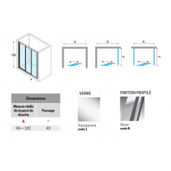 Novellini Paroi douche 3 panneaux coulissants 96-102xH195cm profilé silver LUNES Kobleo Novellini Paroi douche 3 panneaux coulissants 96-102xH195cm profilé silver LUNES Kobleo