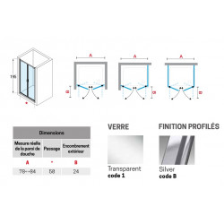Novellini Paroi douche 2 portes battantes 78-84xH195cm profilé silver LUNES 20 B Kobleo