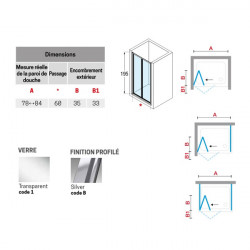 Novellini Paroi douche pliante 78-84xH195 cmVerre transparent profilé silver LUN Kobleo