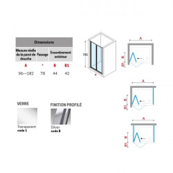 Novellini Paroi douche pliante 96-102xH195 cmVerre transparent profilé silver LU Kobleo
