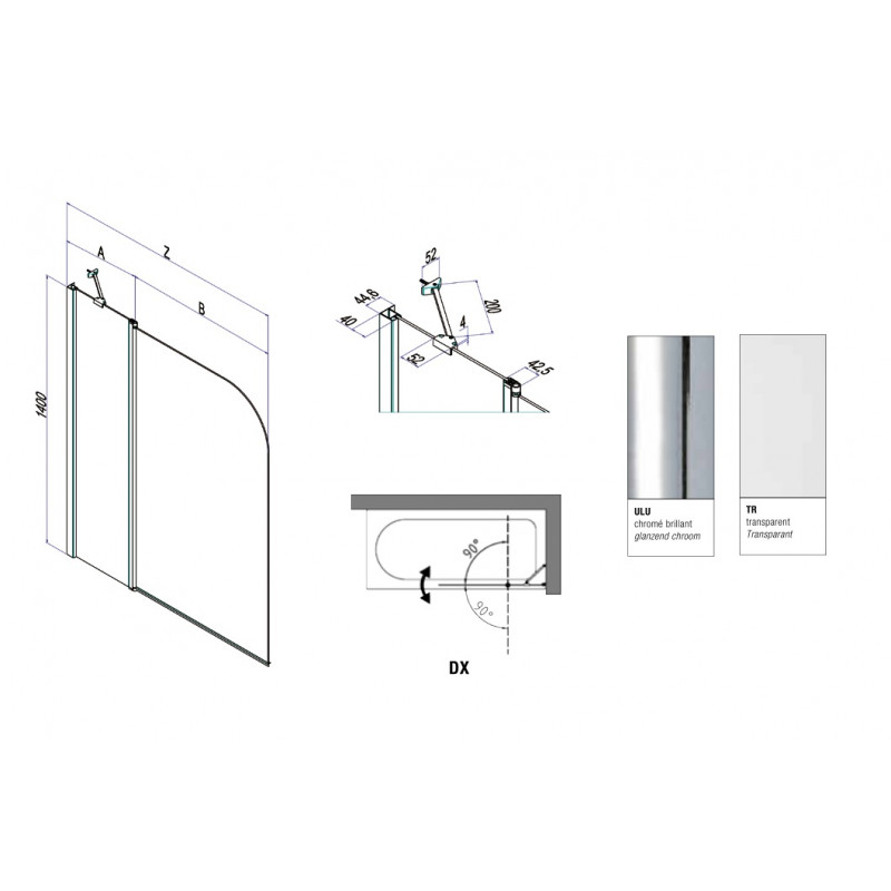 Samo Pare-bain complet 100-102cm Ht140cm 2 panneaux Droite B1480ULUTR/DX Kobleo Samo Pare-bain complet 100-102cm Ht140cm 2 panneaux Droite B1480ULUTR/DX Kobleo