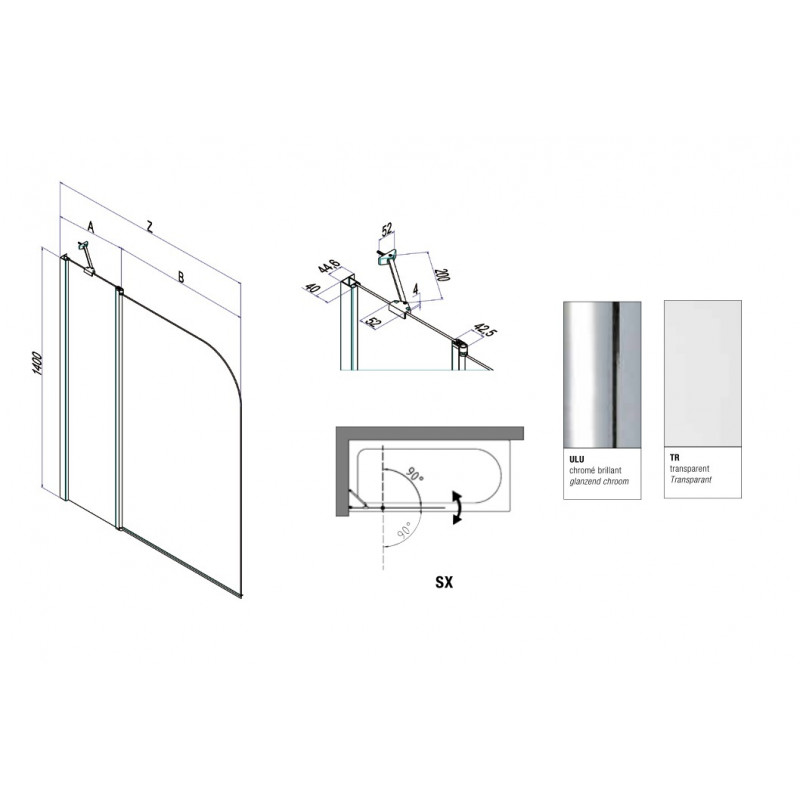 Samo Pare-bain complet 100-102cm Ht140cm 2 panneaux Gauche B1480ULUTR/SX Kobleo Samo Pare-bain complet 100-102cm Ht140cm 2 panneaux Gauche B1480ULUTR/SX Kobleo