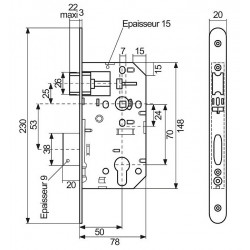 Vachette Serrure de sûreté D45PR pêne réglable Clé I réversible Kobleo
