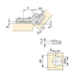 Emuca 10 Charnières X91 courbées 45° D35mm acier nickelé 1011907 Emuca Kobleo