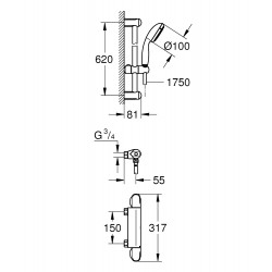 Grohe Mitigeur douche Grohtherm 1000 1/2" avec ensemble de douche chromé Grohe Kobleo
