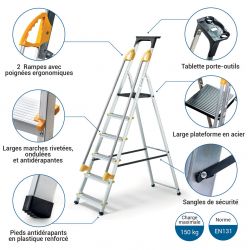 Hoström Escabeau 6 marches DURAMP alu pliable sécurisé plateforme 119cm Hostrom Kobleo