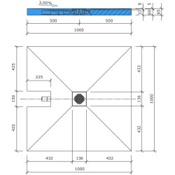 Wedi Receveur Wedi Fundo Plano carré 1000x1000x65mm DN40 écoulement centré Kobleo
