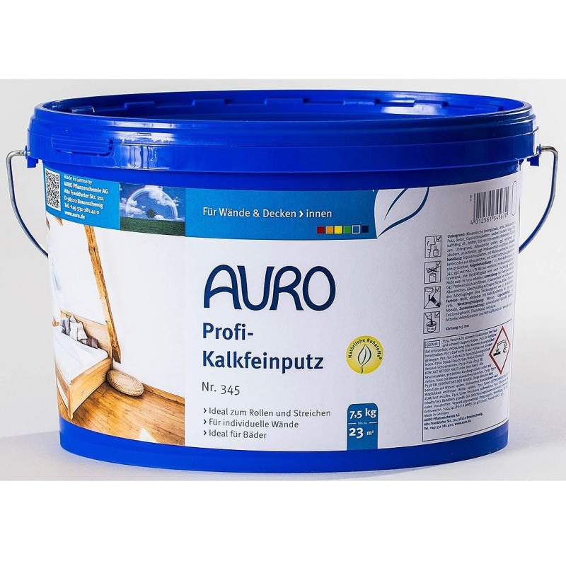 Auro Crépi à la chaux Auro n°345 grain fin blanc 7,5kg pour intérieur Kobleo
