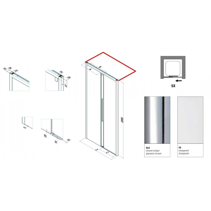 Samo Porte douche coulissante 2 panneaux 117-121cm Ht200cm Gauche Acrux Kobleo Samo Porte douche coulissante 2 panneaux 117-121cm Ht200cm Gauche Acrux Kobleo