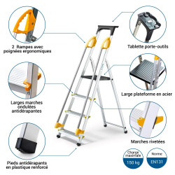 Hoström Escabeau 4 marches DURAMP alu pliable sécurisé plateforme 75cm Hostrom Kobleo
