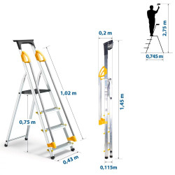 Hoström Escabeau 4 marches DURAMP alu pliable sécurisé plateforme 75cm Hostrom Kobleo