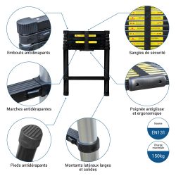 Hoström Echelle telescopique 2m TELESCOO7, Garantie 5 ans, Hostrom Kobleo
