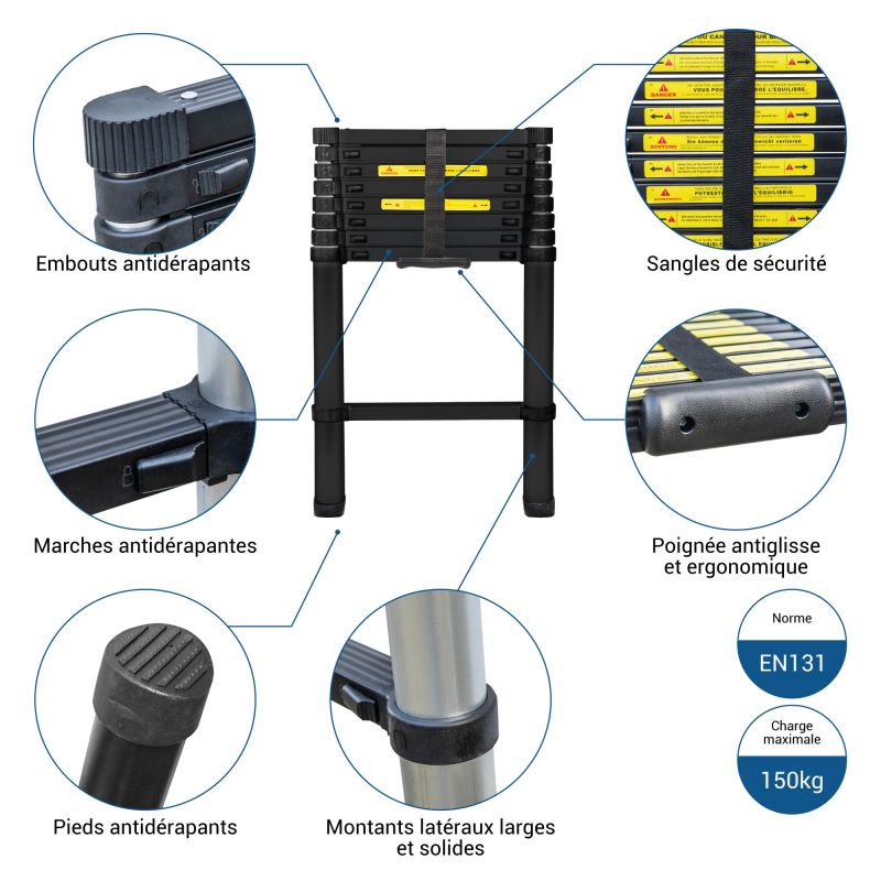 Hoström Echelle telescopique 2,6m TELESCOO9, Garantie 5 ans, Hostrom Kobleo